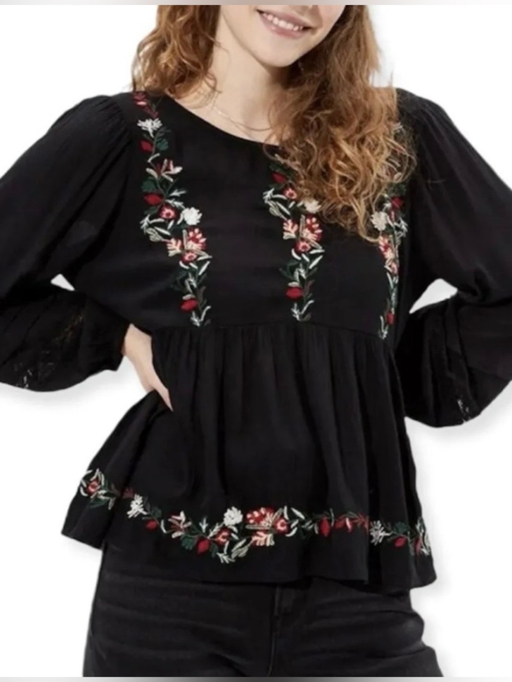 American Eagle Black Floral Embroidered Back Tie Top Sz S